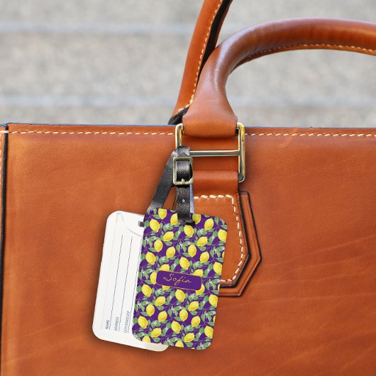 Gelbes Zitronenmuster Name lila Gepäckträger Gepäckanhänger