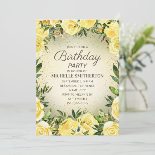 Gelbfarbener Glitzer Blütenblume Erwachsene Geburt Einladung (Stehend Vorderseite)