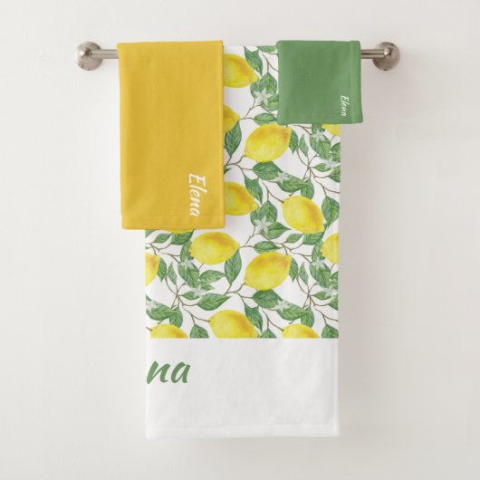 Gelbfarbenes Zitronenmuster, grüne Blattbezeichnun Badhandtuch Set (Insitu)