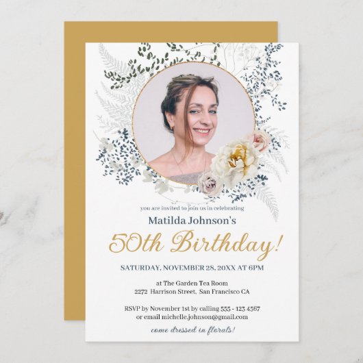 Gelbflorfarbenes Foto 50. Geburtstag Einladung (Vorne/Hinten)