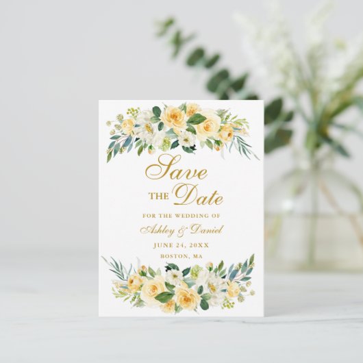 Gelbgelbe Blütengoldfarben Save the Date Ankündigungspostkarte (Stehend Vorderseite)