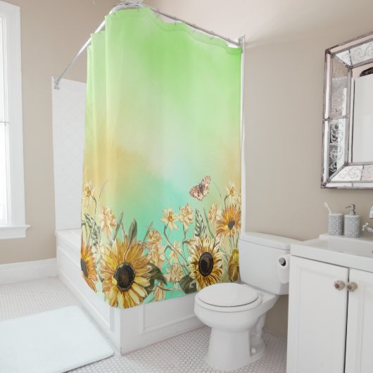 Gelbgelbe Ombre Aquarellblau Sonnenblume Duschvorhang (Beispiel)