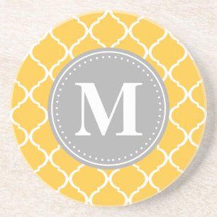 Gelbgelbes marokkanisches Gitter Graues Monogramm Sandstein Untersetzer