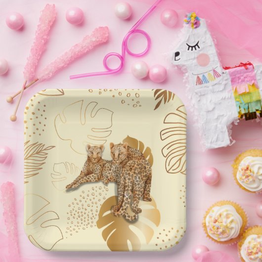 Gelbgoldfarbene Blätter Leoparden-Papier-Teller Pappteller (Party)