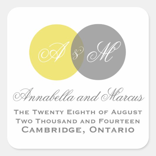 Gelbgraue Aufkleber für die Monogramm-Hochzeit im (Vorderseite)