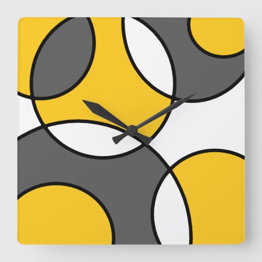 Gelbgraue Schwarz-weiße Abstrakte Kreise Quadratische Wanduhr (Vorderseite)