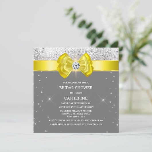 Gelbgrauer silberner Glitzer mit elegantem Funkeln Einladung (Stehend Vorderseite)