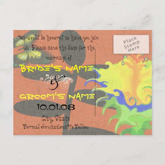 Gelbgrün, rot, Save the Date Ankündigungspostkarte (Rückseite)