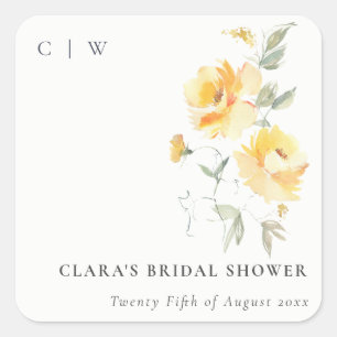 Gelbgrüne Aquarell-Rosen-Blumen-Brautdusche Quadratischer Aufkleber