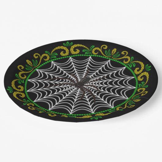 Gelbgrüne, weiße Spinnennetze und schwarze Spinne Pappteller (Schrägansicht)