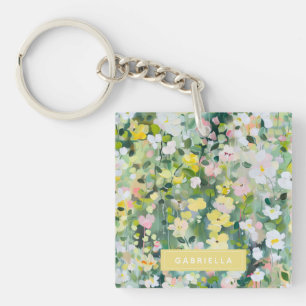 Gelbgrüne Wiesenblumen personalisierter Name Schlüsselanhänger