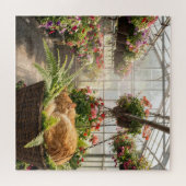 Gelbkatze beim Nickerchen in hängendem Farnkorb Puzzle (Horizontal)