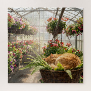 Gelbkatze beim Nickerchen in hängendem Farnkorb Puzzle
