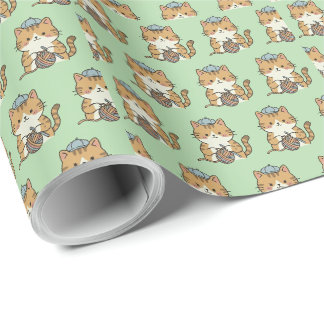 Gelbkatze-Häkelgarnknäuel-grüne-ästhetische-Dekora Geschenkpapier