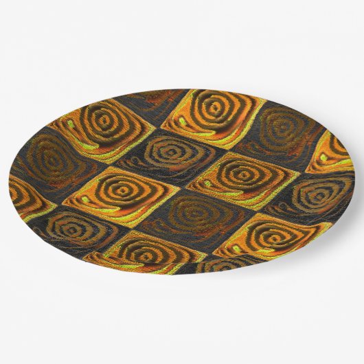 Gelbliche Quadrate und Kreise in rustikalem Mosaik Pappteller (Schrägansicht)