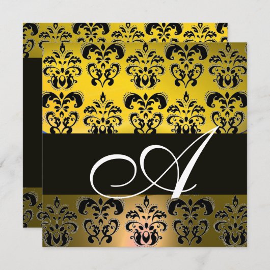 GELBLICHES BLACK DAMASK MONOGRAMM, weiß Einladung (Vorne/Hinten)