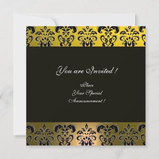 GELBLICHES BLACK DAMASK MONOGRAMM, weiß Einladung (Rückseite)