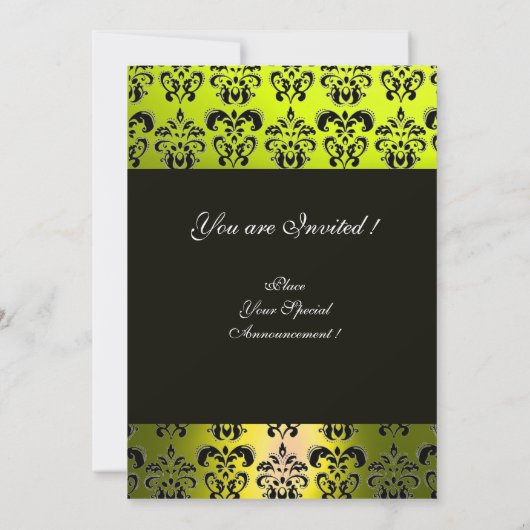 GELBLICHES BLACK DAMASK MONOGRAMM, weiß Einladung (Rückseite)