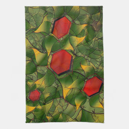 Gelbliches virtuelles Blattwerk mit roten Hexagone Geschirrtuch