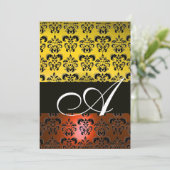 GELBORANGE BLACK DAMASK MONOGRAMM, hell weiß Einladung (Stehend Vorderseite)