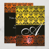 GELBORANGE BLACK DAMASK MONOGRAMM, hell weiß Einladung (Vorne/Hinten)