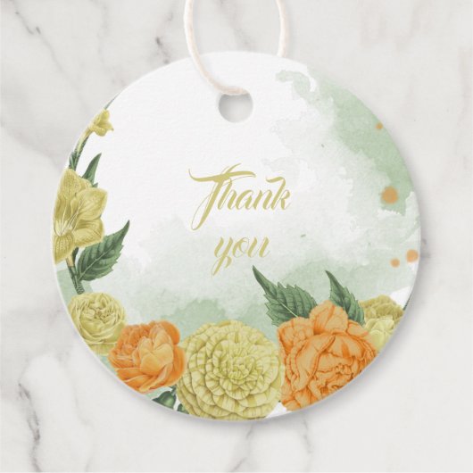 Gelborange Blume, grüner Kranz Geschenkanhänger (Vorderseite)