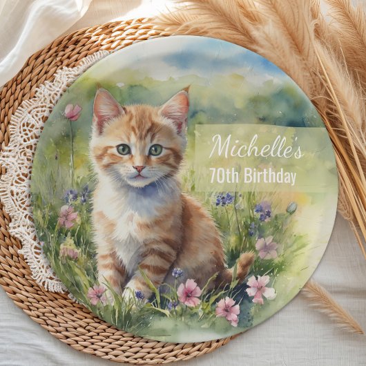 Gelborange getigerte Kätzchen-Katze 70. Geburtstag Pappteller
