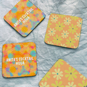 Gelborange Retro 70er Daisies Muster Steinuntersetzer