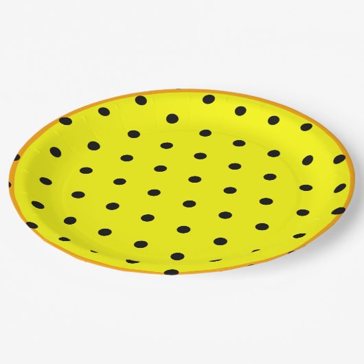 Gelborange schwarze Polka-Punkte Pappteller (Schrägansicht)