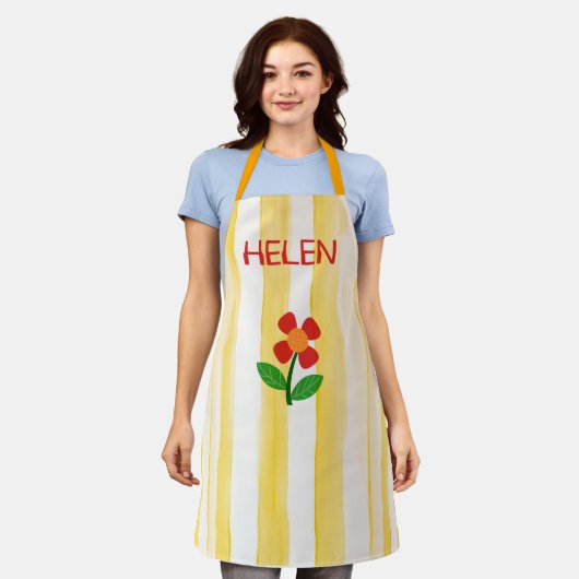 Gelborange Streifen, BoHo-Blume Schürze (Getragen)