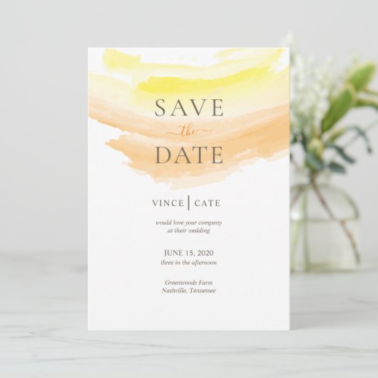 Gelborange Wasserfarbe Save The Date (Stehend Vorderseite)