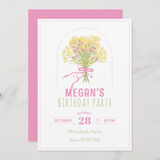 Gelbpinke Blume zum Geburtstag Einladung (Vorne/Hinten)