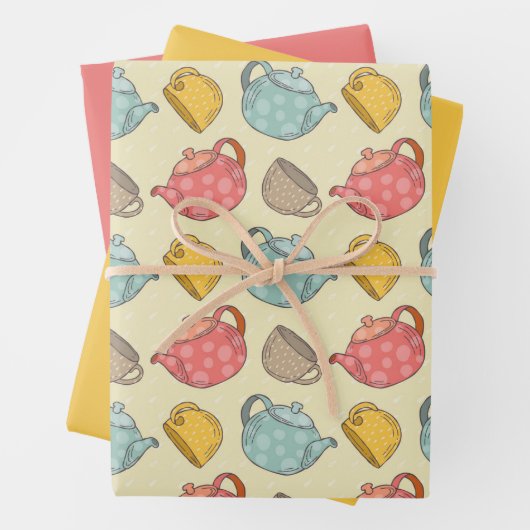 Gelbrosa Teekanne und Pokalmuster Geschenkpapier Set (Beispiel)