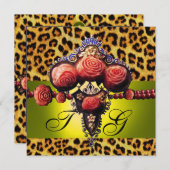 GELBROTE KORALE ROSE, LEOPARES HAUTMONOGRAM EINLADUNG (Vorne/Hinten)
