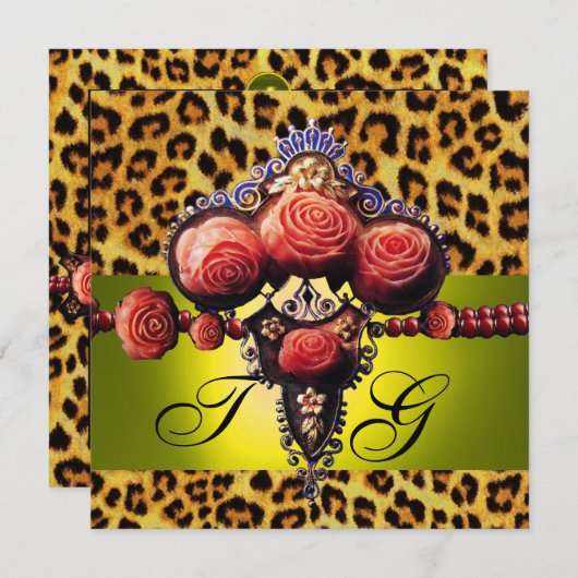 GELBROTE KORALE ROSE, LEOPARES HAUTMONOGRAM EINLADUNG (Vorne/Hinten)