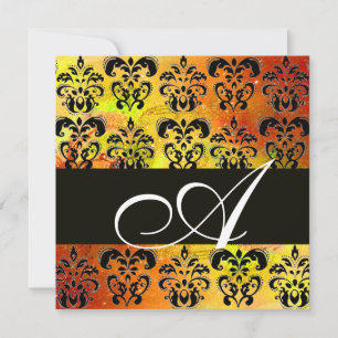 GELBROWENES ROTES SCHWARZES DAMASK-MONOGRAM, weiß Einladung