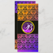 GELBSCHWARZER LILA DAMASK AMETHYST MONOGRAMM EINLADUNG (Vorne/Hinten)
