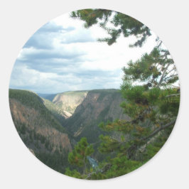 Gelbsteinfotografie, zeigt Wasserfälle, Bäume. Runder Aufkleber