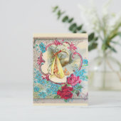 GELBSTORK-BABY-DUSCHE, PINKROSEN, BLUE-BLUMEN POSTKARTE (Stehend Vorderseite)