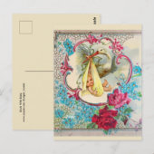GELBSTORK-BABY-DUSCHE, PINKROSEN, BLUE-BLUMEN POSTKARTE (Vorne/Hinten)