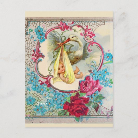 GELBSTORK-BABY-DUSCHE, PINKROSEN, BLUE-BLUMEN POSTKARTE (Vorderseite)
