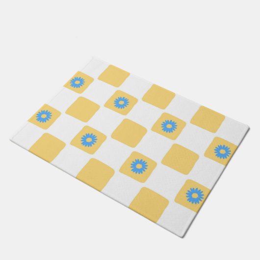 Gelbweiß mit blauem Blume-Muster Fußmatte (Schrägansicht)