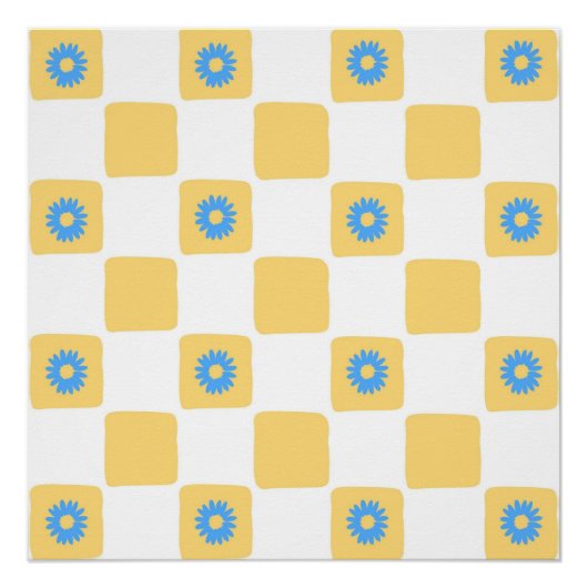 Gelbweiß mit blauem Blume-Muster Poster (Vorderseite)