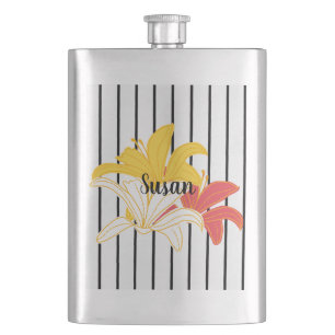 Gelbweiße Blume auf schwarzen Streifen Flasche Flachmann