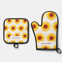 Gelbweißer Sonnenblumenschimmer Ofenhandschuh & Topflappen-Set