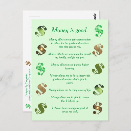 Geld ist gut, Affirmations auf Postkarten (Vorne/Hinten)