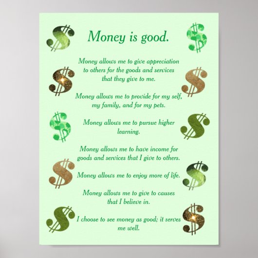 Geld ist gut, positive Aussagen Dollar Zeichen Poster (Vorne)