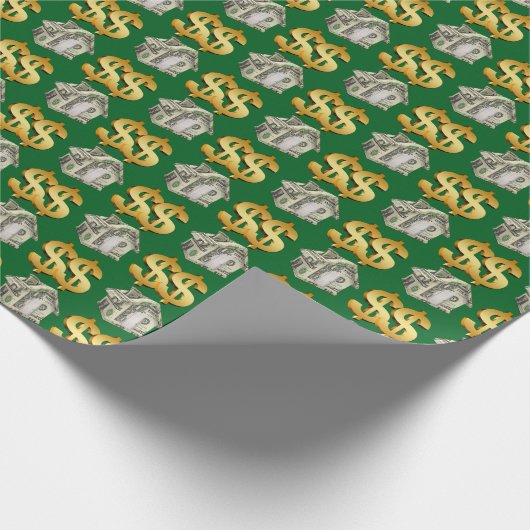 Geldhäuser und Gold-Dollar-Zeichen Geschenkpapier (Ecke)