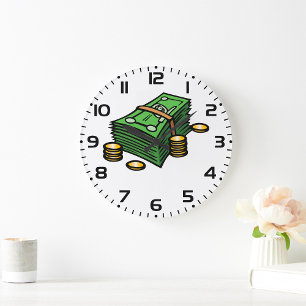 Geldstapel mit Geldmünzen Große Wanduhr
