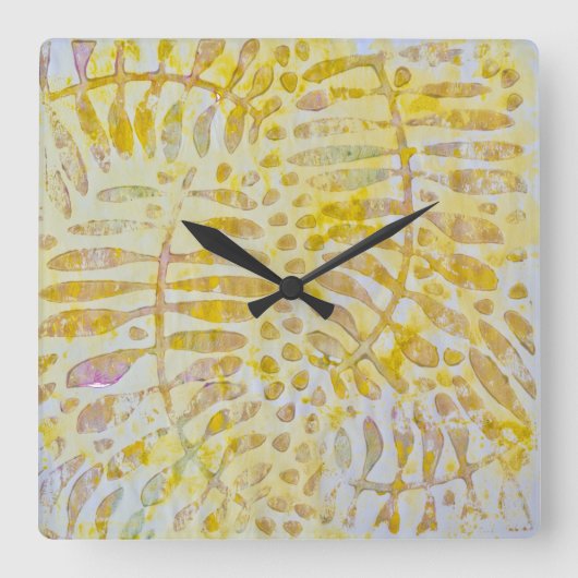 Gelli Printed Golden Blätter Quadratische Wanduhr (Vorderseite)
